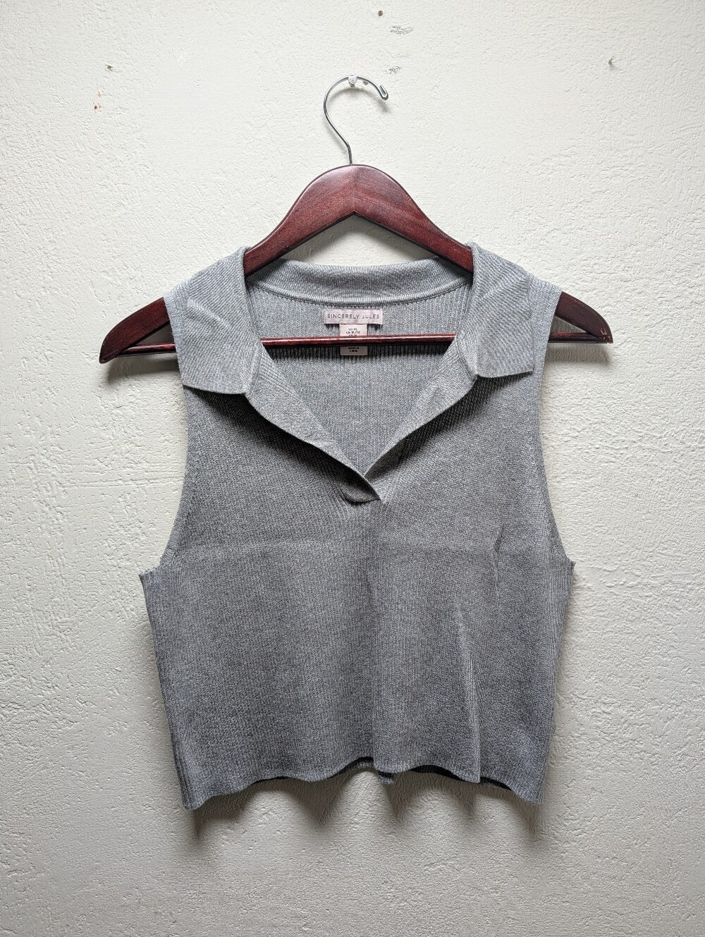SINCERELY JULES Heather Gray Knit Cropped Sleeveless Polo Top Ribbed Collar XL